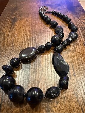 Statement Black Beaded Necklace with Mixed Shapes